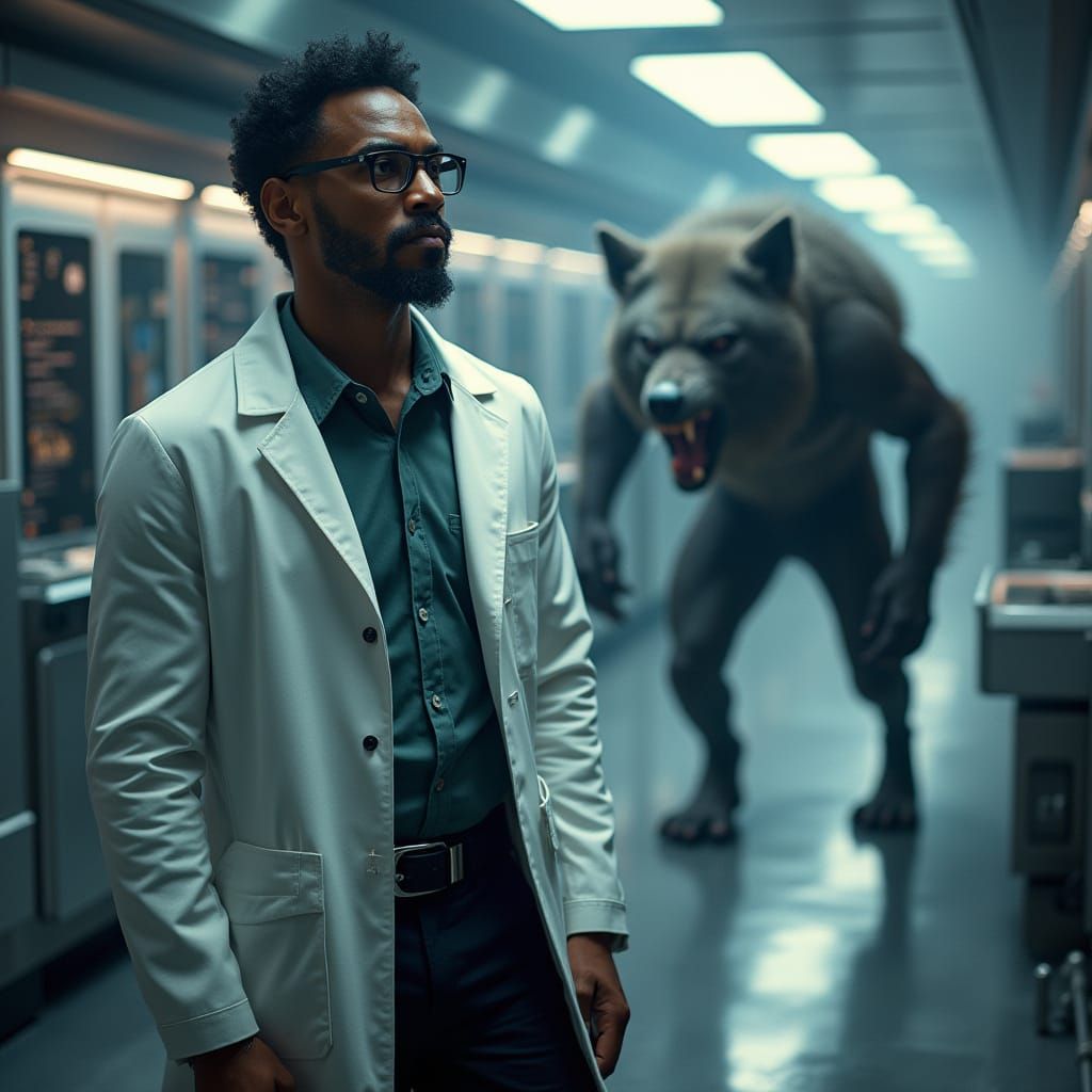 Werewolf Attack in a Modern Sci-Fi Laboratory