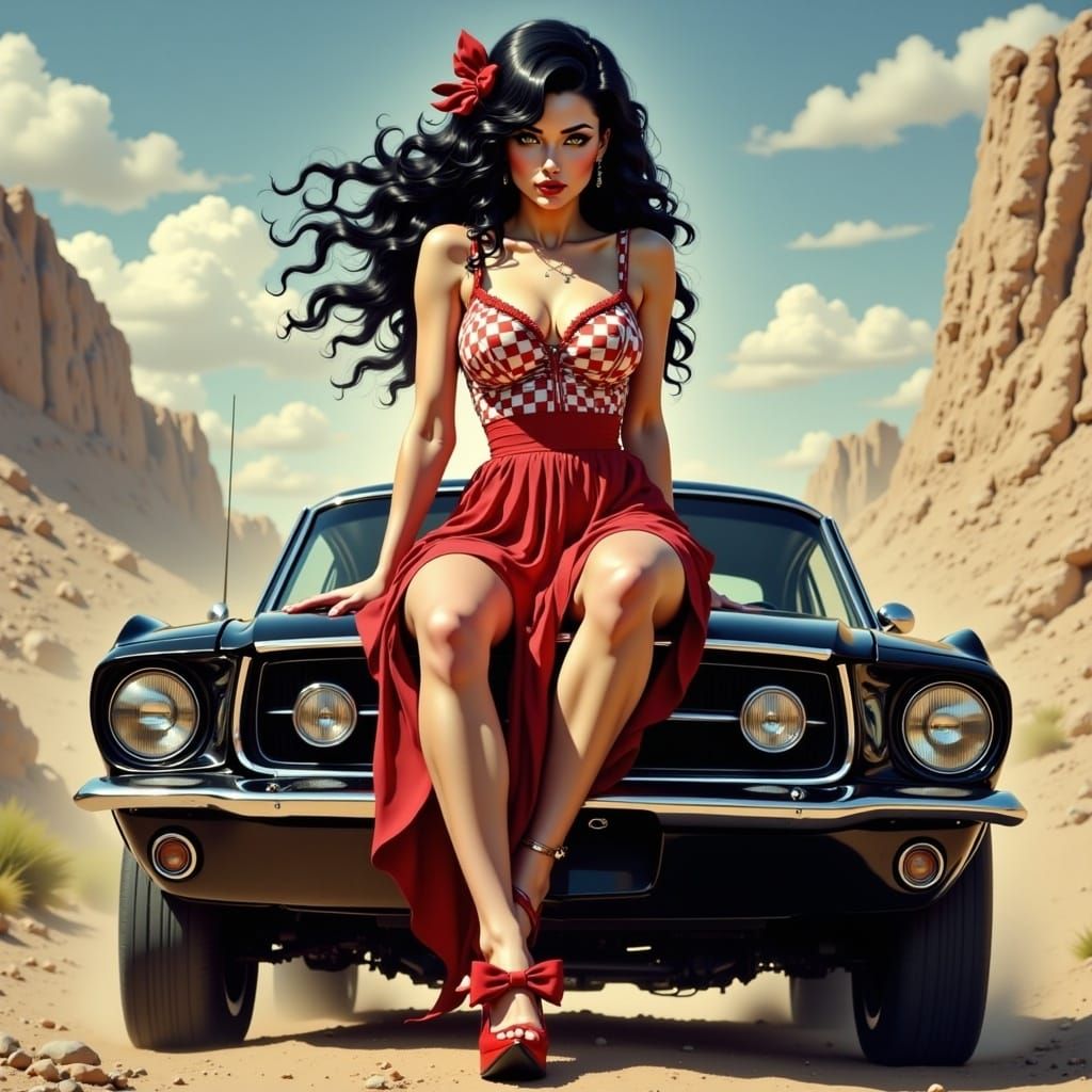 Pin-Up Woman on '67 Mustang in Wild Style