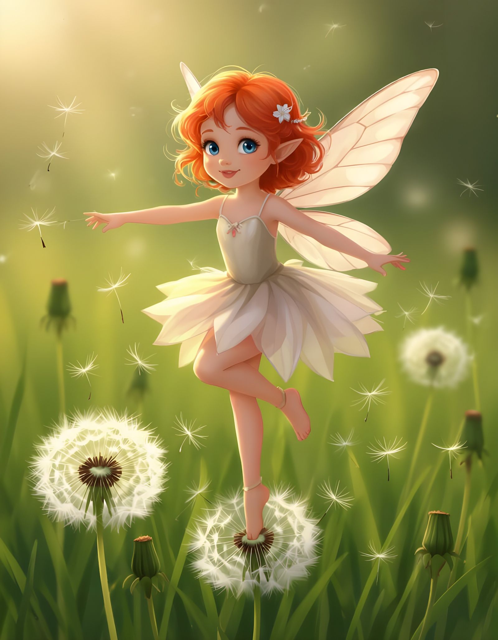 Red-Haired Fairy Dancing on Dandelion in Photorealistic Styl...