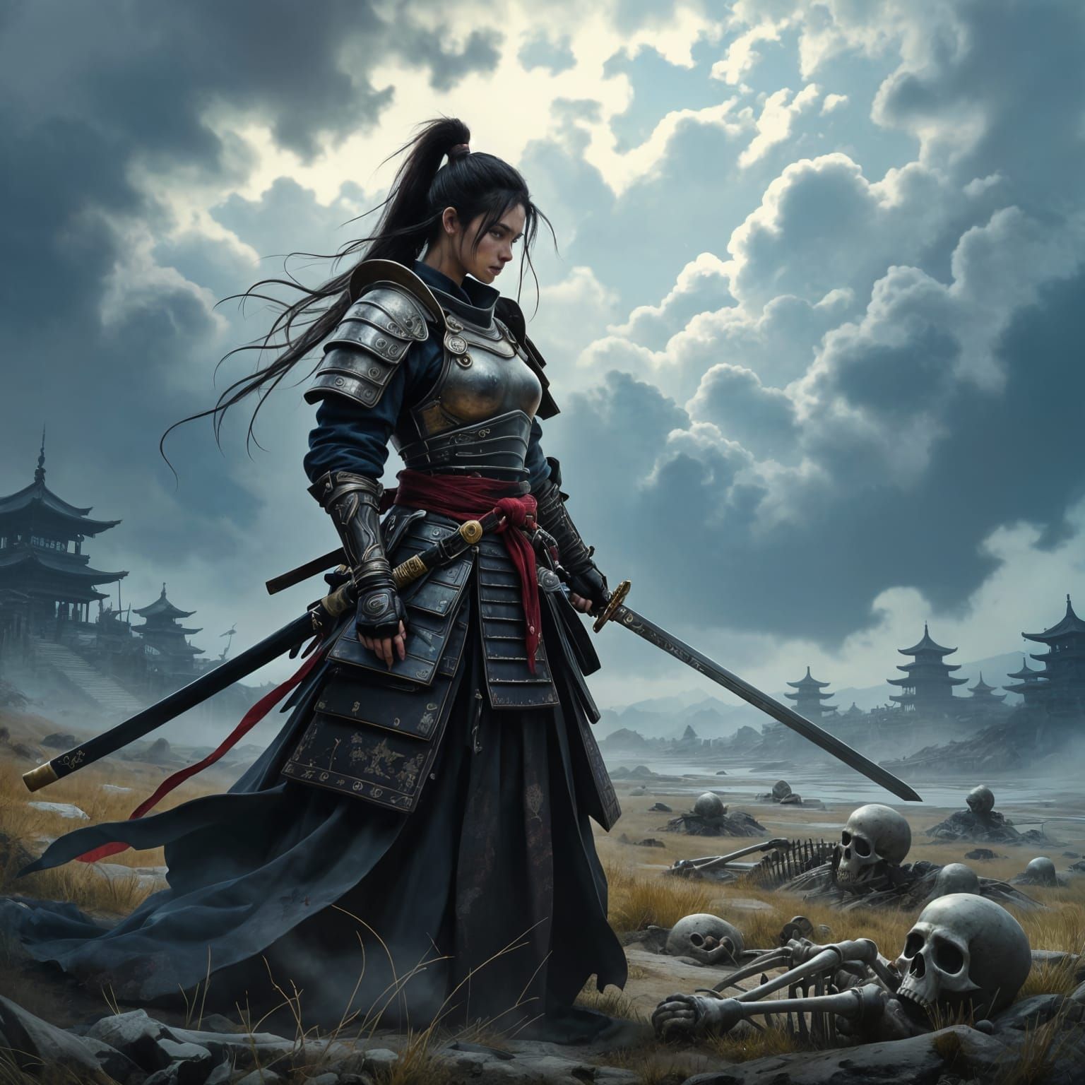 Samurai Warrior on Ancient Battlefield, Grimdark Style