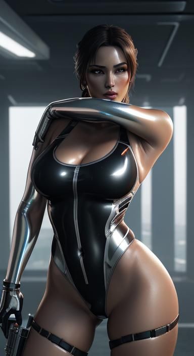 Lara Croft in Chrome Swimsuit, Hyperdetailed Sci-Fi Art