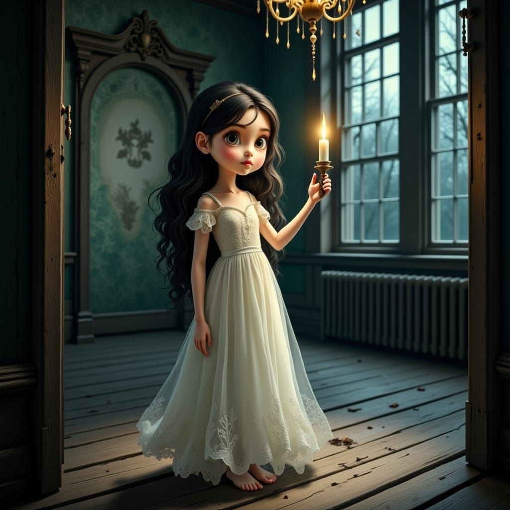 Girl in a Haunted Mansion at Night, in Disney-Inspired Hyper...