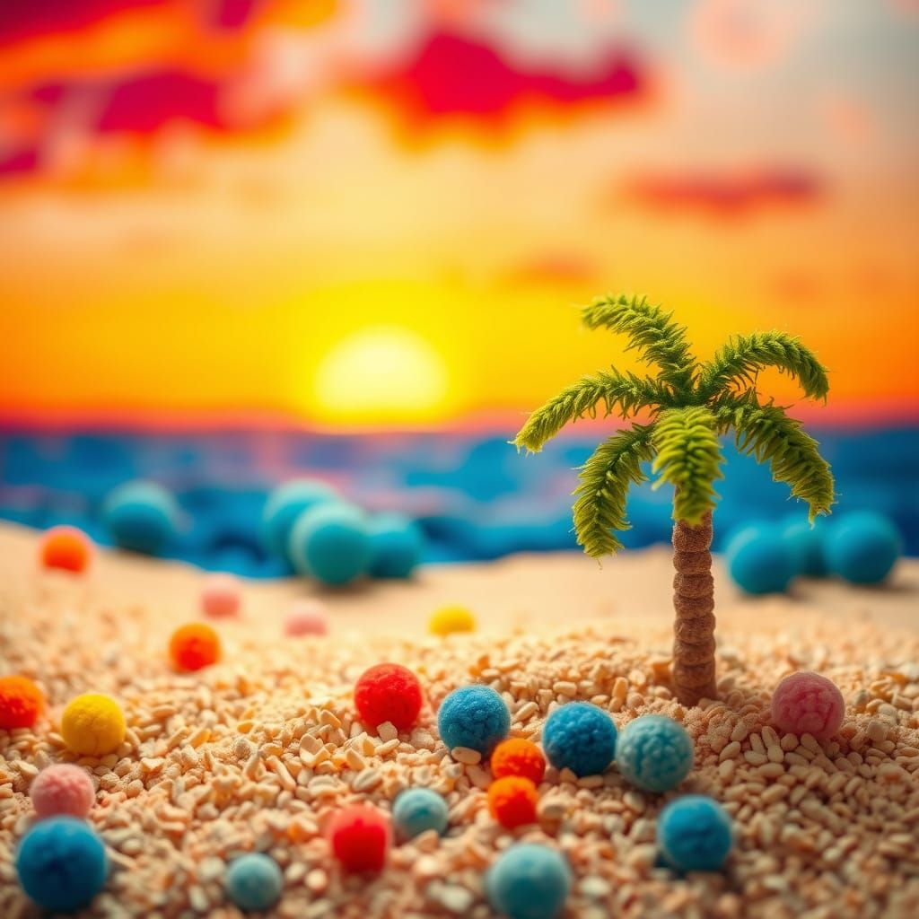 Pom Pom Beach Sunset in Children's Book Style