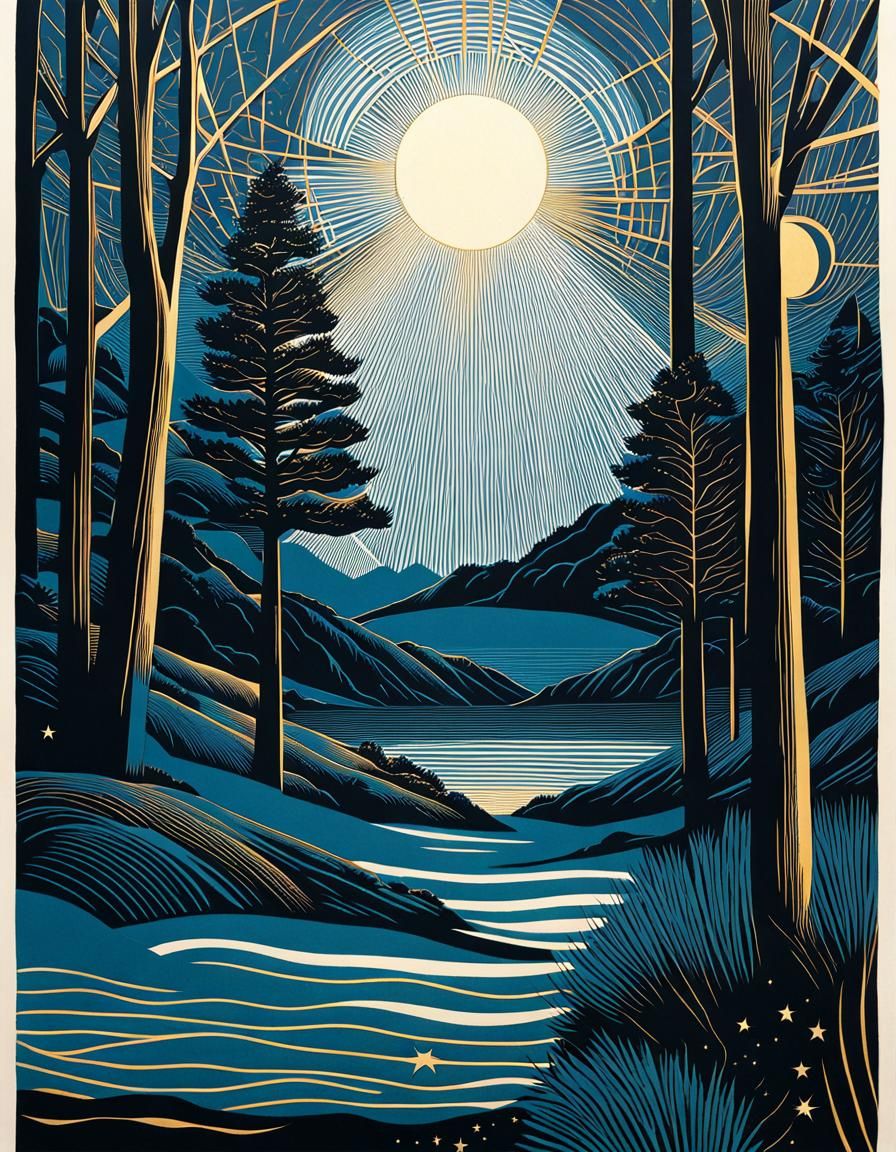 Landscape in Linocut Style with Falling Star