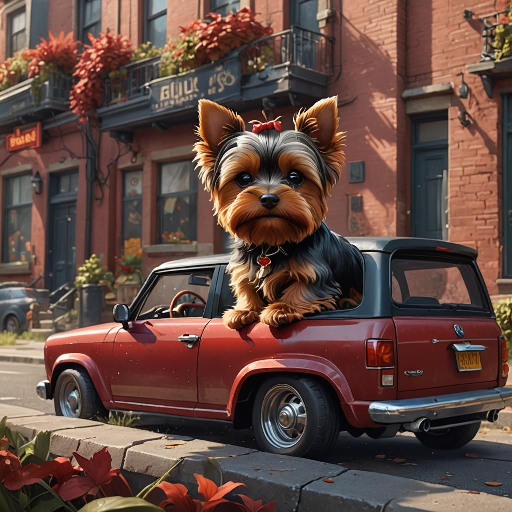Yorkie Dog in Car, Cartoon Style