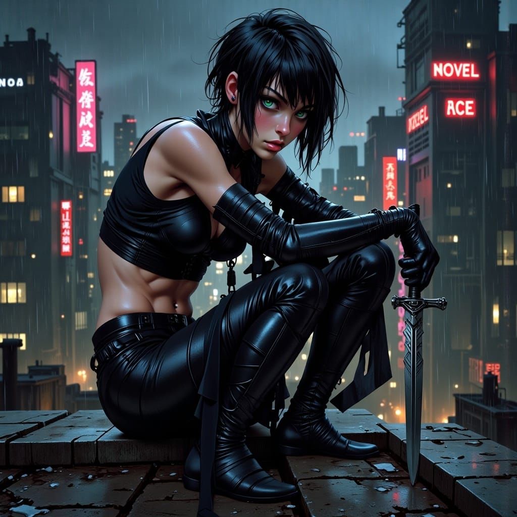 Anime Assassin on Rooftop in Cyberpunk Cityscape
