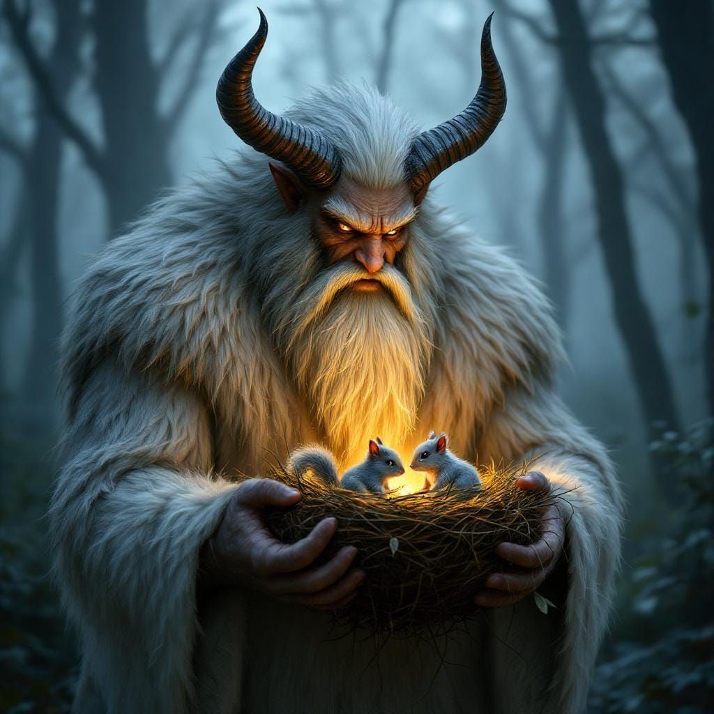 Mythical Creature Holding Squirrel in Misty Forest
