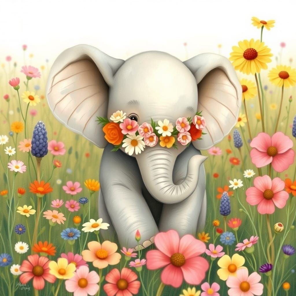 Cute Baby Elephant in Whimsical Floral Wonderland