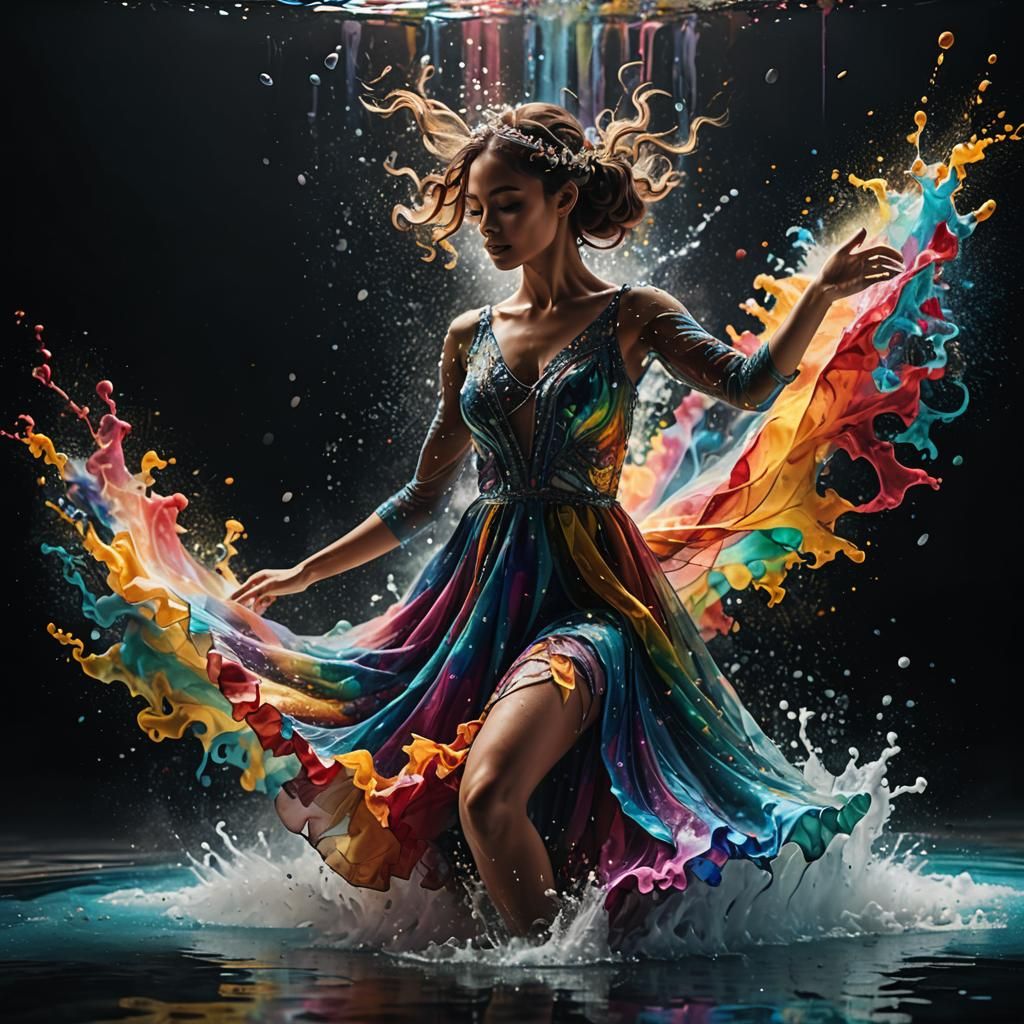 Surreal Dancer in Water with Paint Dust Explosions
