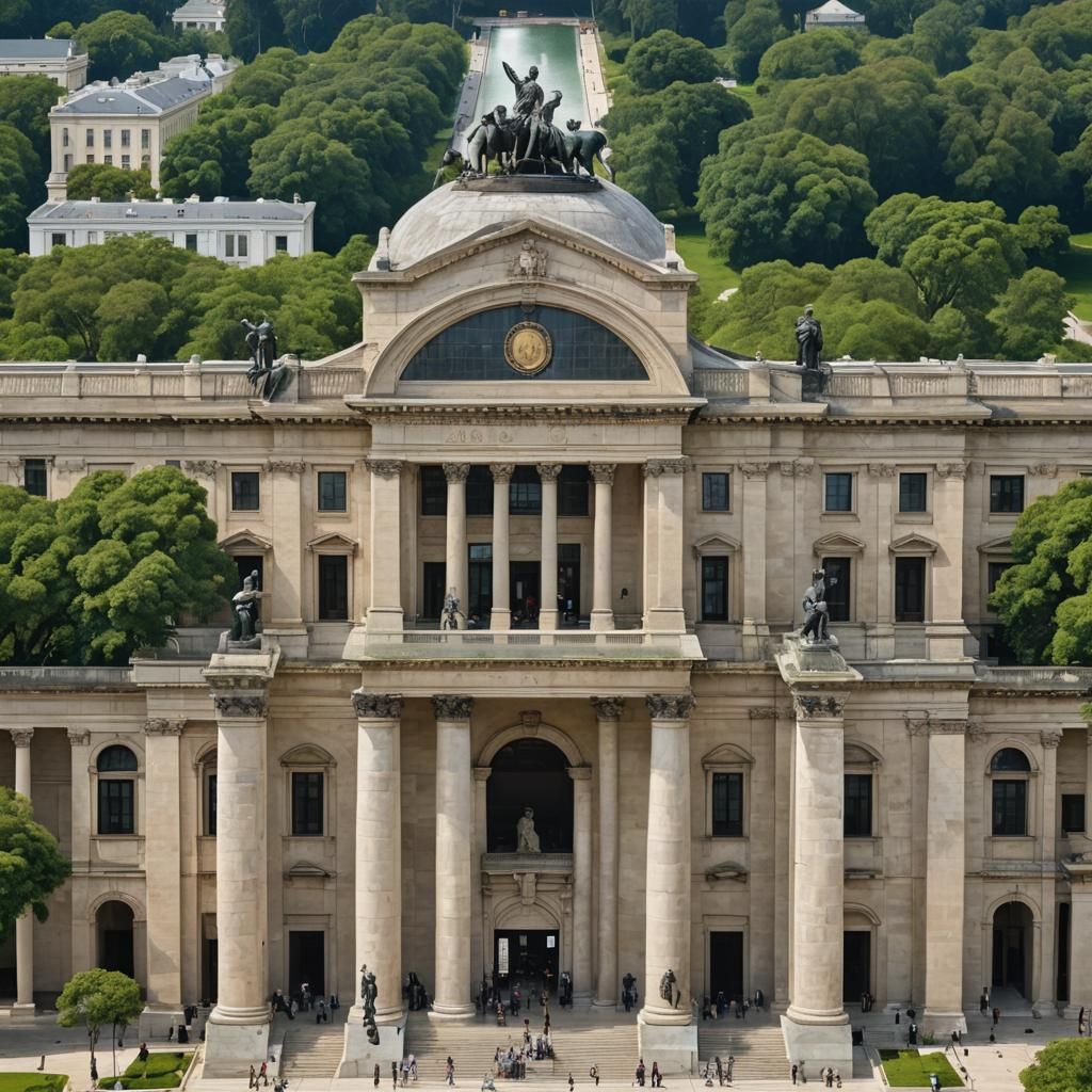 Neoclassical Government Building with Bronze Statue
