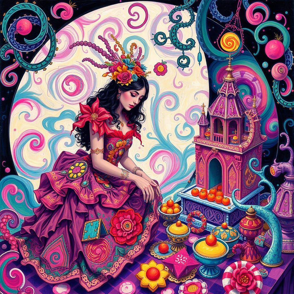 Fantastical Candyland Altar Scene as Gouache Painting