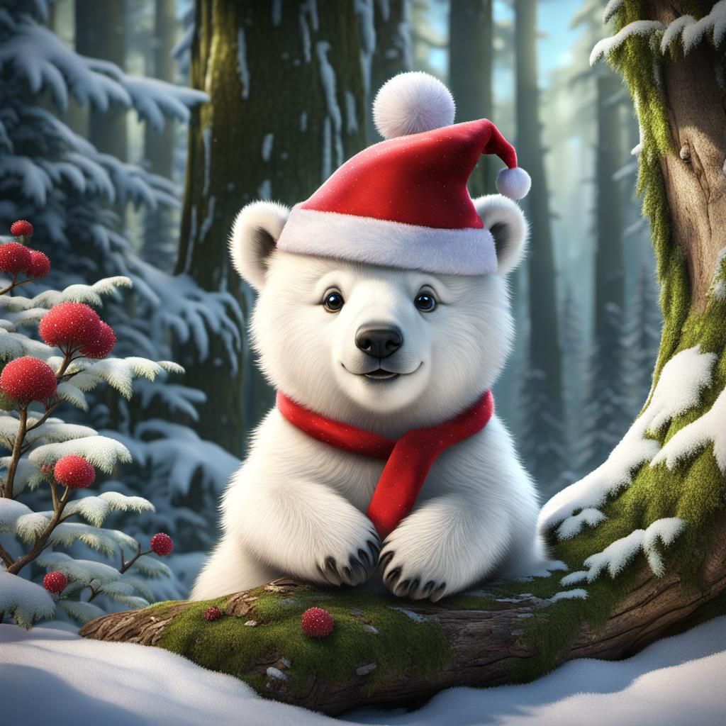 Fluffy Polar Bear Cub in Santa Hat: Fantasy Art