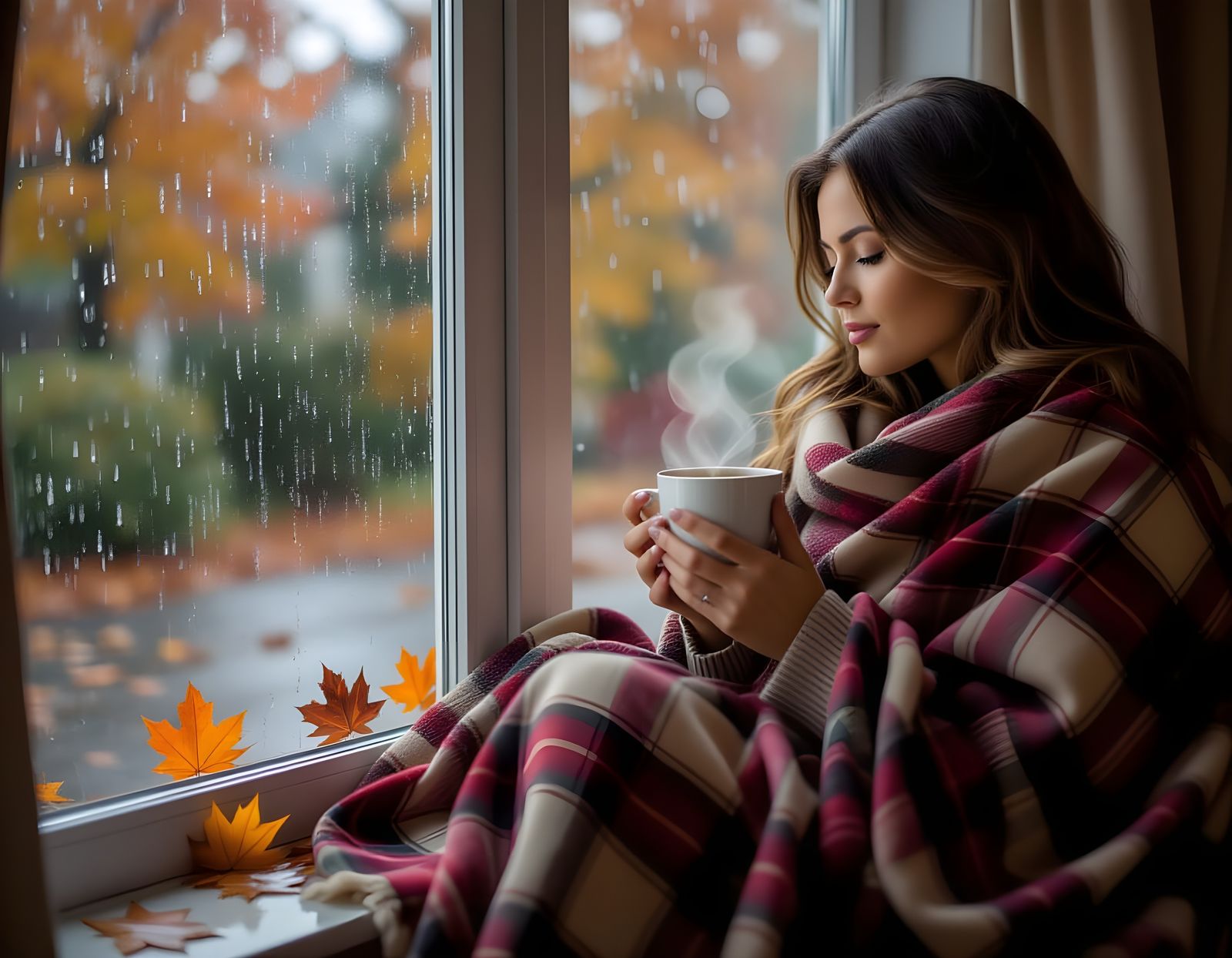 Cozy Autumn Evening: Woman with Tea by Window
