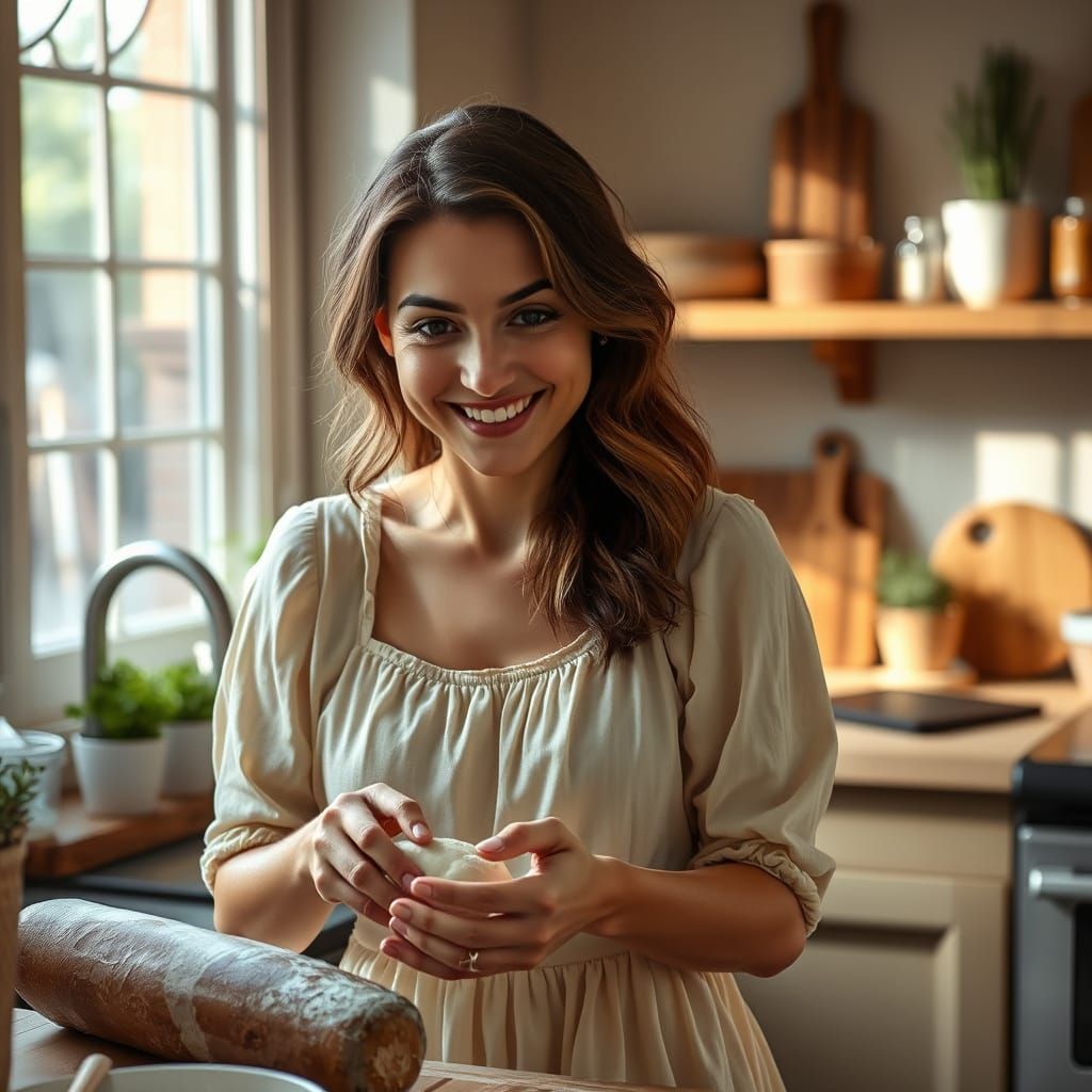 Woman Kneading Dough in Cozy Kitchen, Hyperrealistic Art