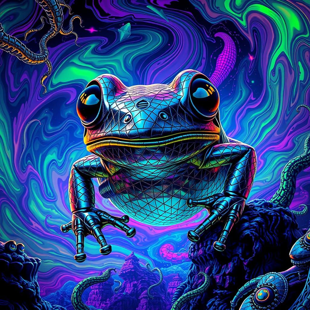 Biomechanical Frog in a Psychedelic Labyrinth