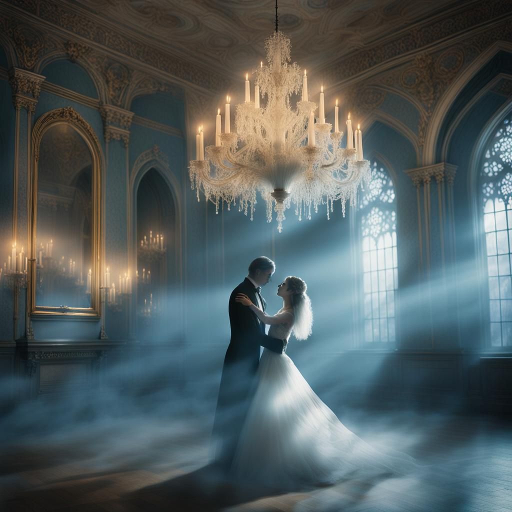 Ethereal Ghost Couple Dancing in Grand Ballroom