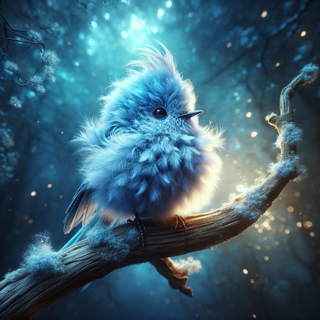 Light Blue Fluffy Bird in Fantasy Landscape