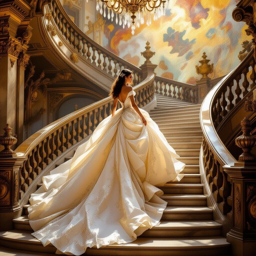 Woman in Light Gown Descends Baroque Staircase
