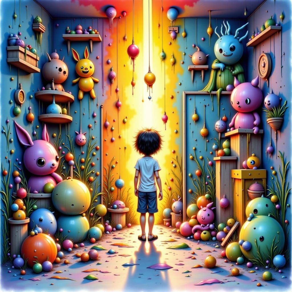 Eerie Watercolor Child's Room with Oversized Toys