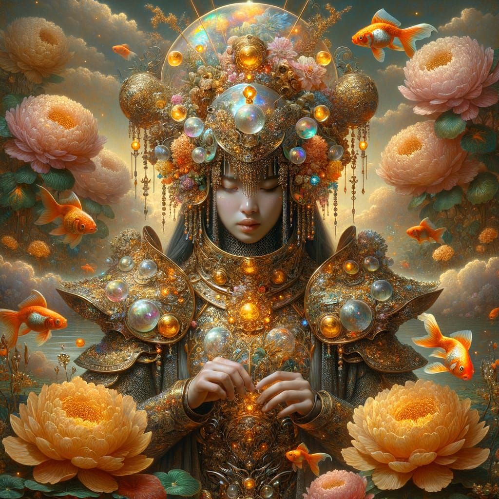 Woman in Luminescent Glass Armor Amidst Golden Flowers