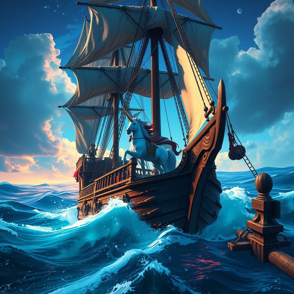 Unicorn Pirate Captain on Dreamlike Seas as Matte Painting