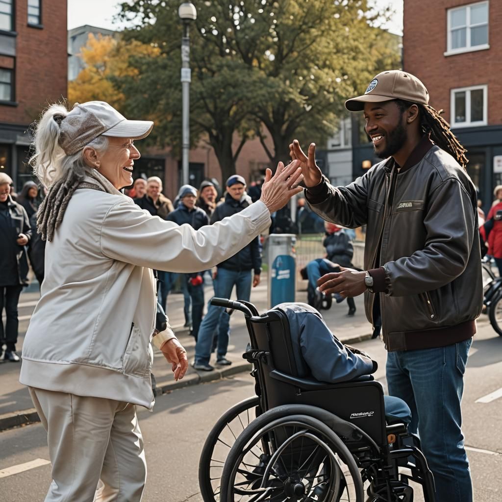High Five Between Woman and Man in Wheelchair