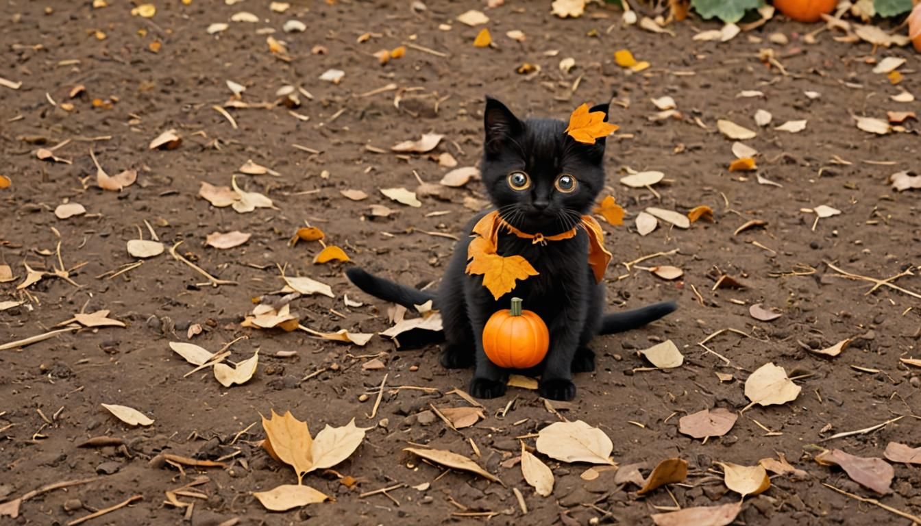 Pumpkin-Headed Kitten in a Pumpkin Patch