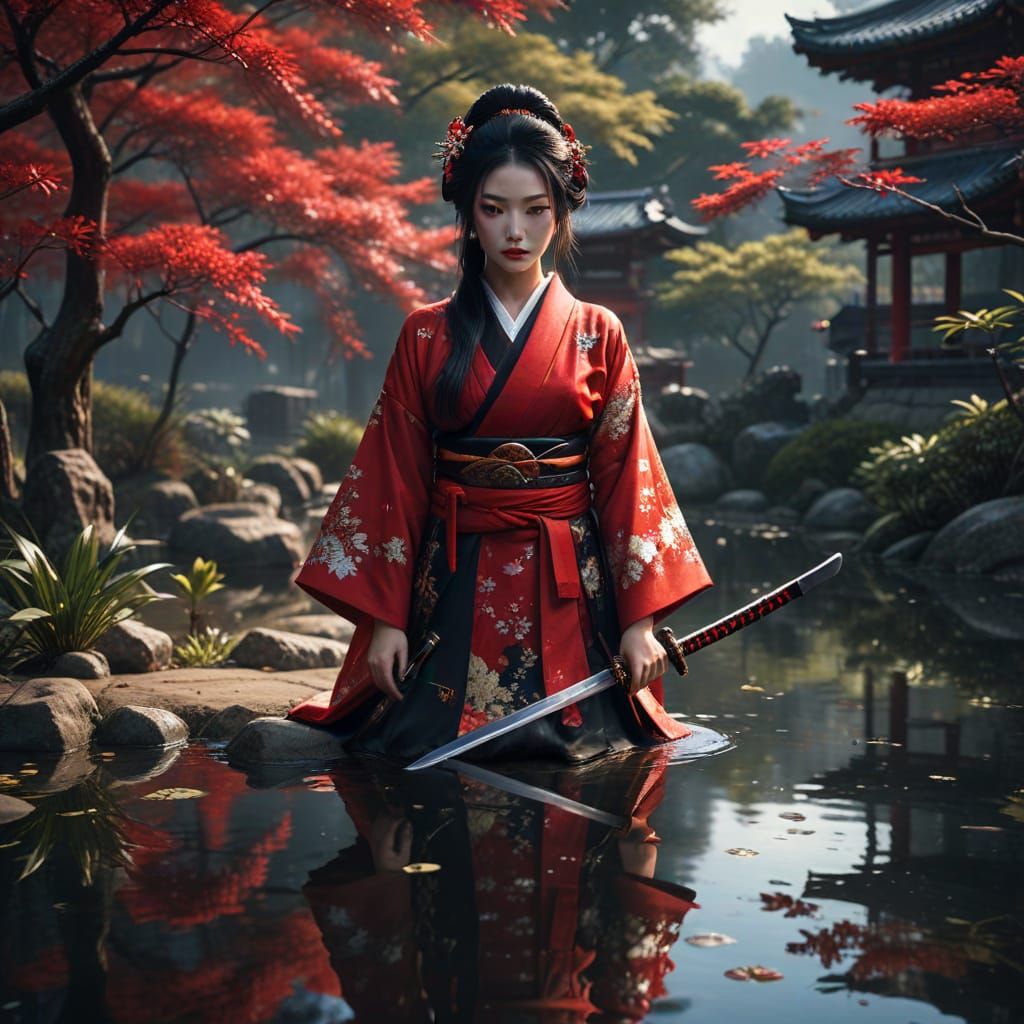 Geisha with Sword Gazes at Reflection in Pond