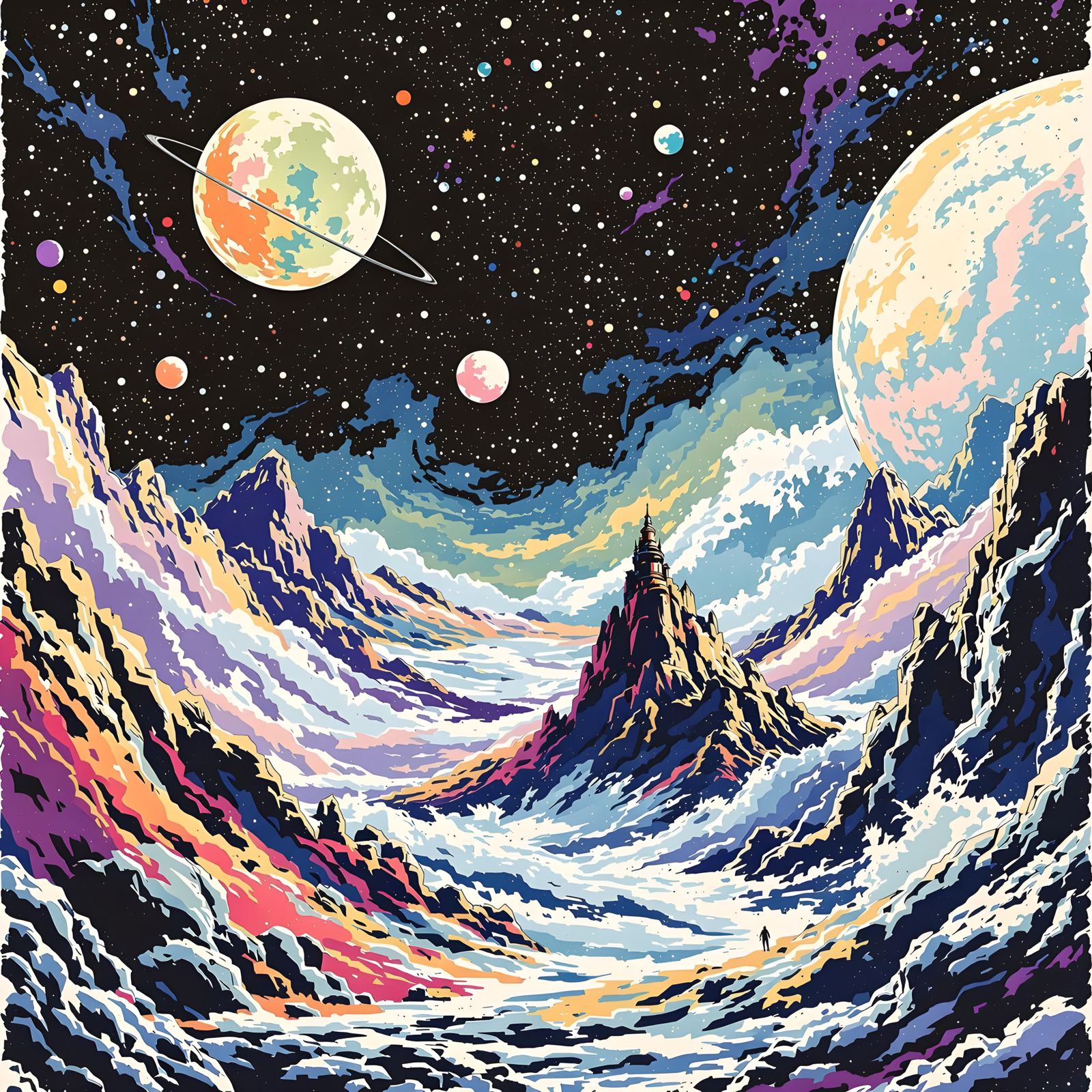 Colorful Manga Anime Lunar Colony in Ink Splash Art