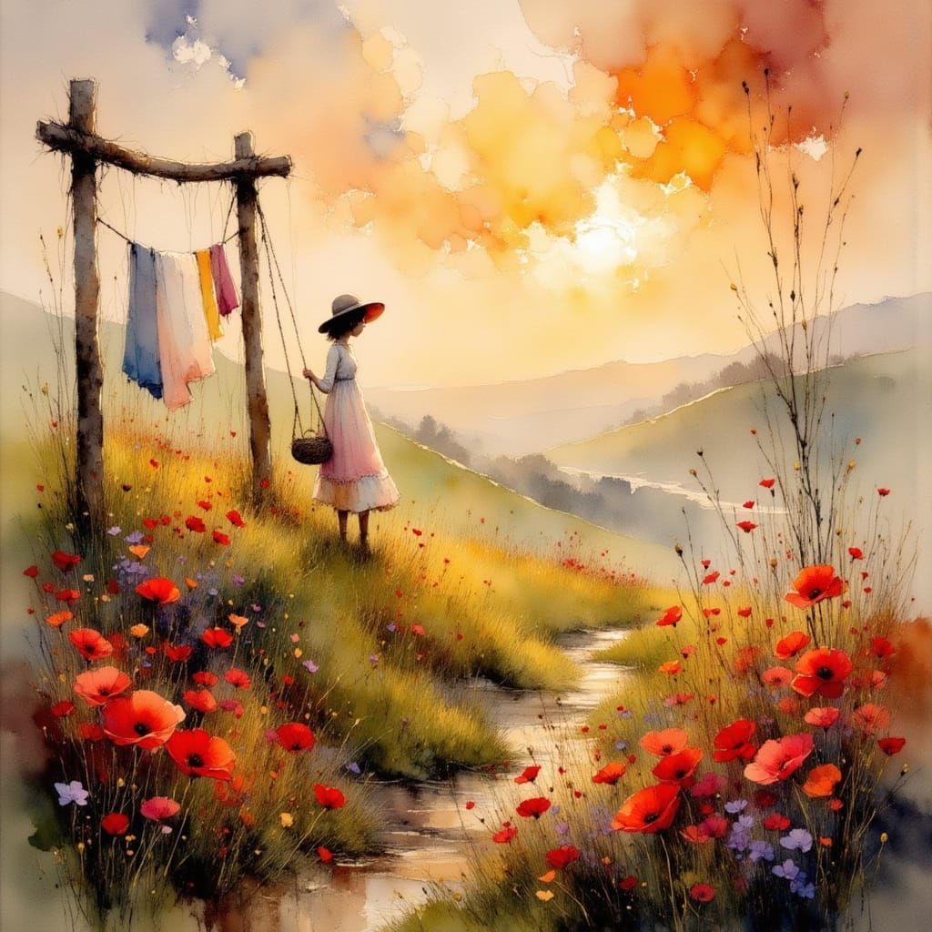 Poppies on a Hill at Misty Sunset