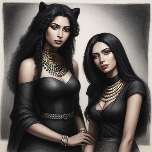 Panther and Egyptian Woman: Hyperdetailed Charcoal Drawing