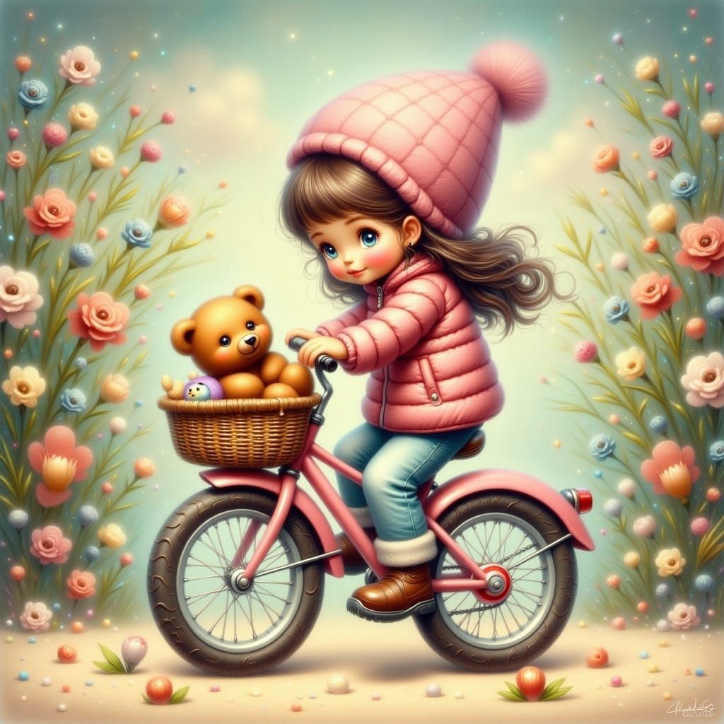 Girl Rides Bicycle with Teddy Bear