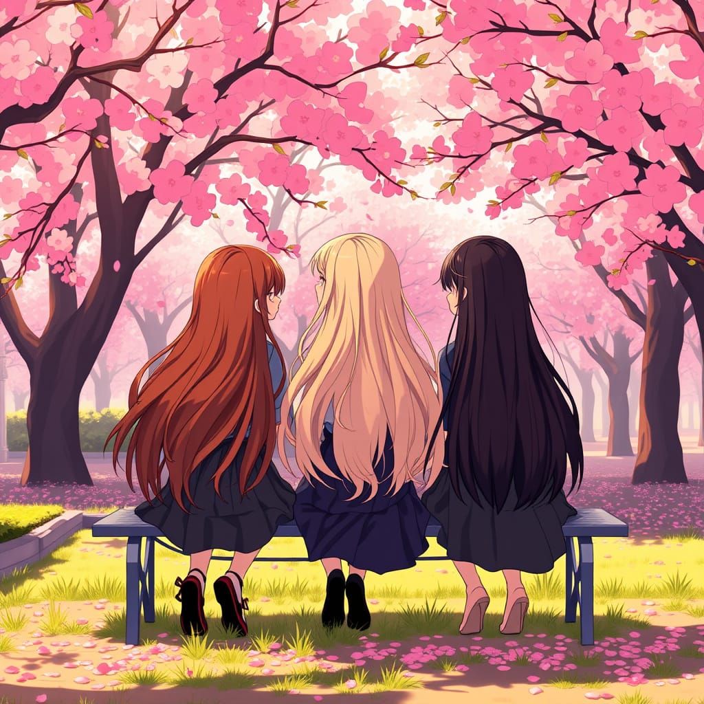 Girls in a Serene Blossom Park, Anime-Style Illustration