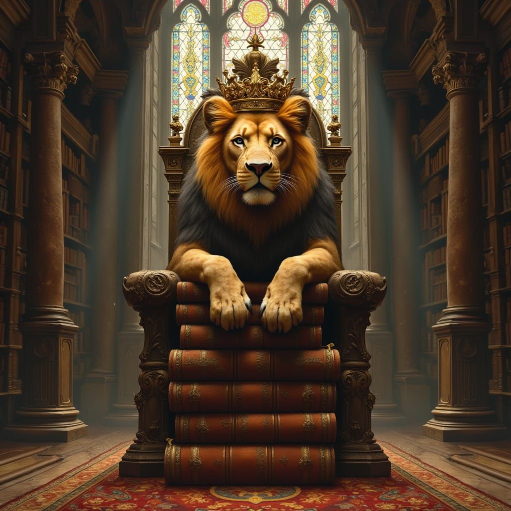 Lion King on Book Throne, Renaissance Style