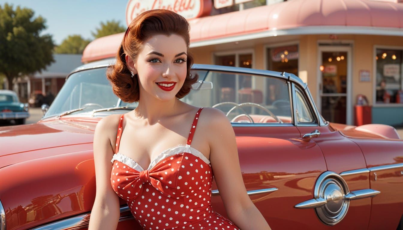 Glamorous 1950s Pin-Up Girl Poses by Vintage Car