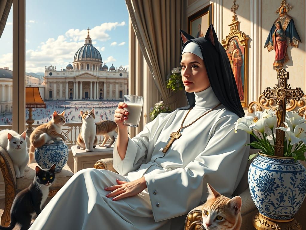 Nun with Cat Ears Lounging in Vatican