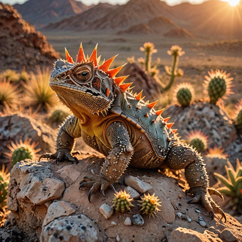 Horned Toad Lizard Sunning on Desert Rock