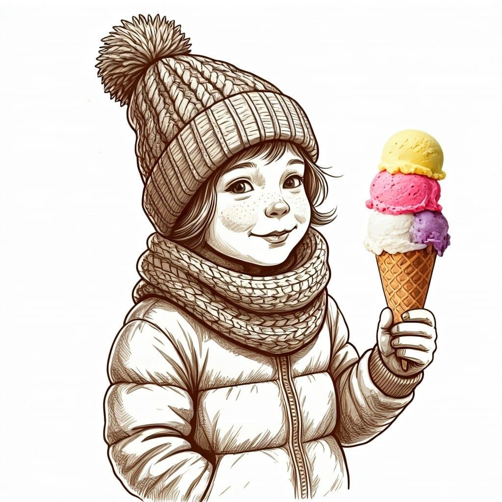 Whimsical Winter Scene with Joyful Child and Ice Cream