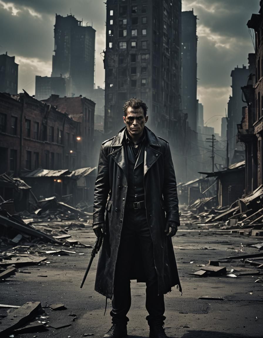 Menacing Figure in Ruined City: A Film Noir Portrait