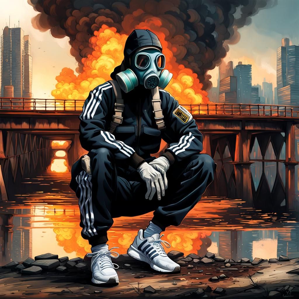 Soldier in Gas Mask Squatting on Decayed Bridge