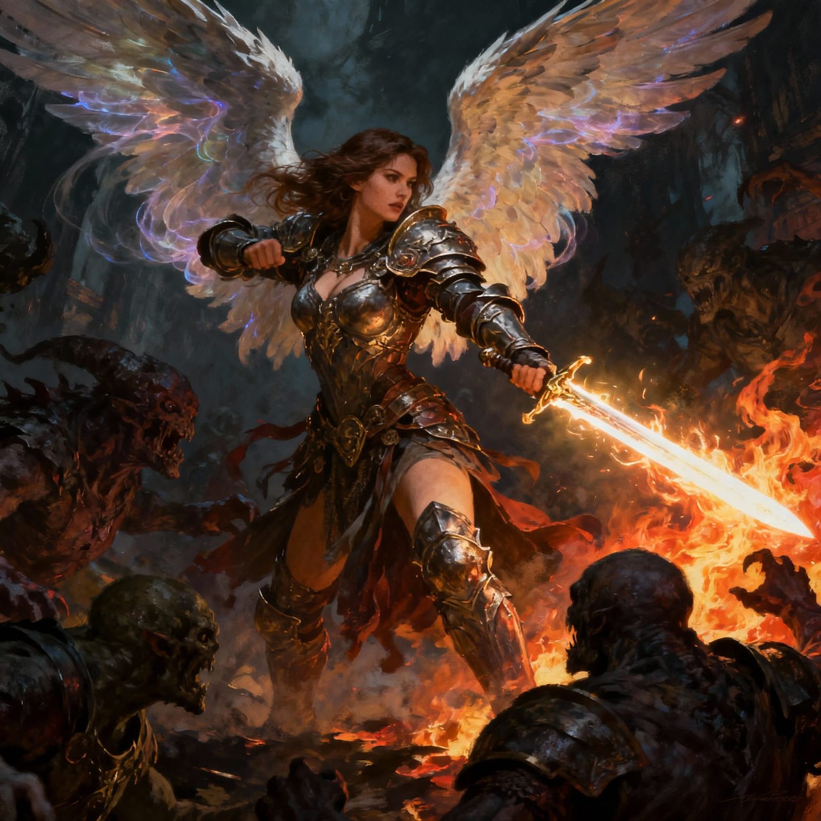Armored Angel Fights Monsters with Sword of Light