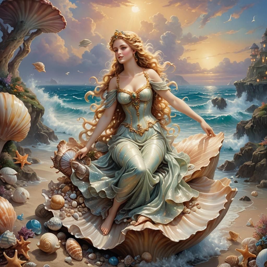 Aphrodite on Seashell in Ethereal Fantasy Style