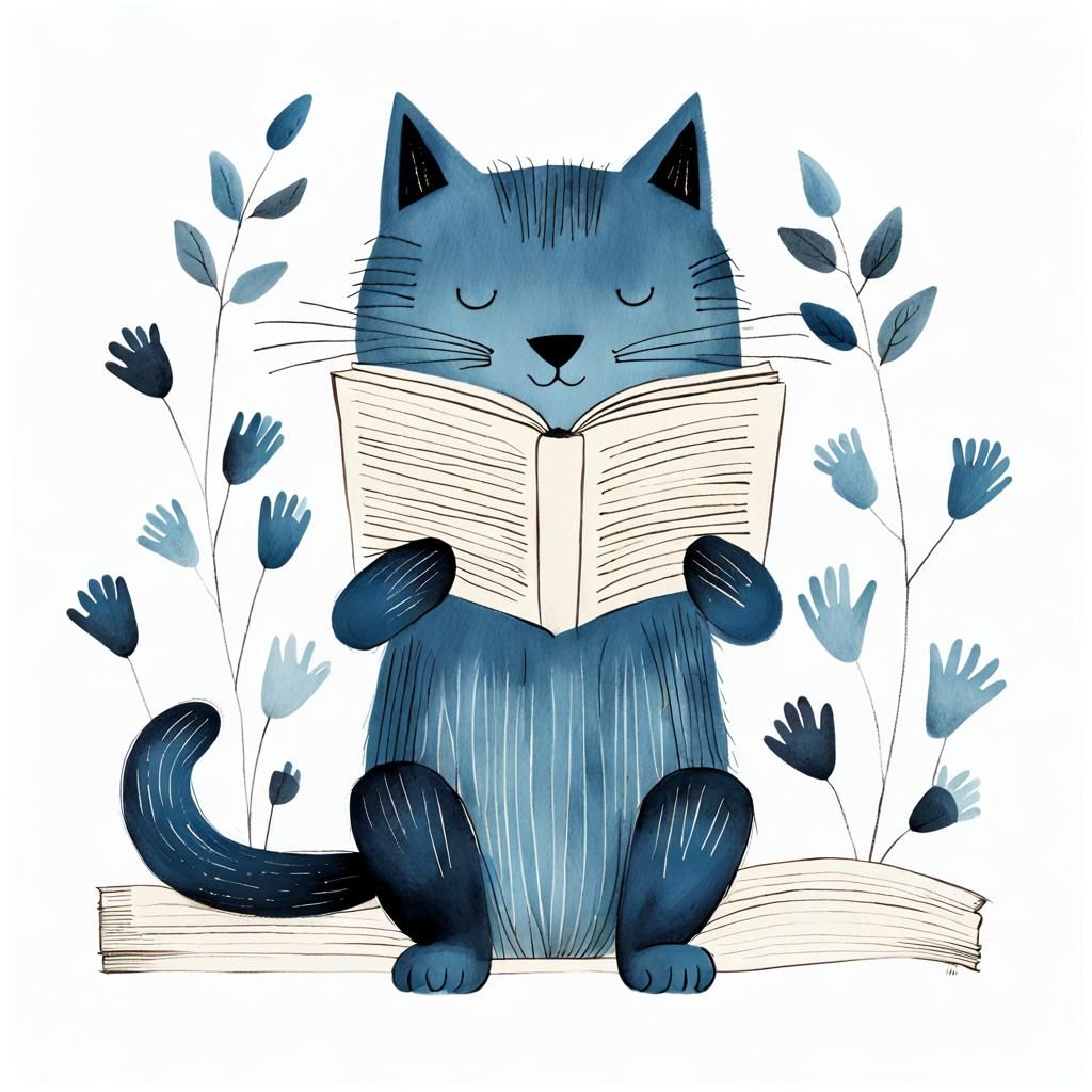Blue Cat Reading 'Paws' in Jon Klassen Style