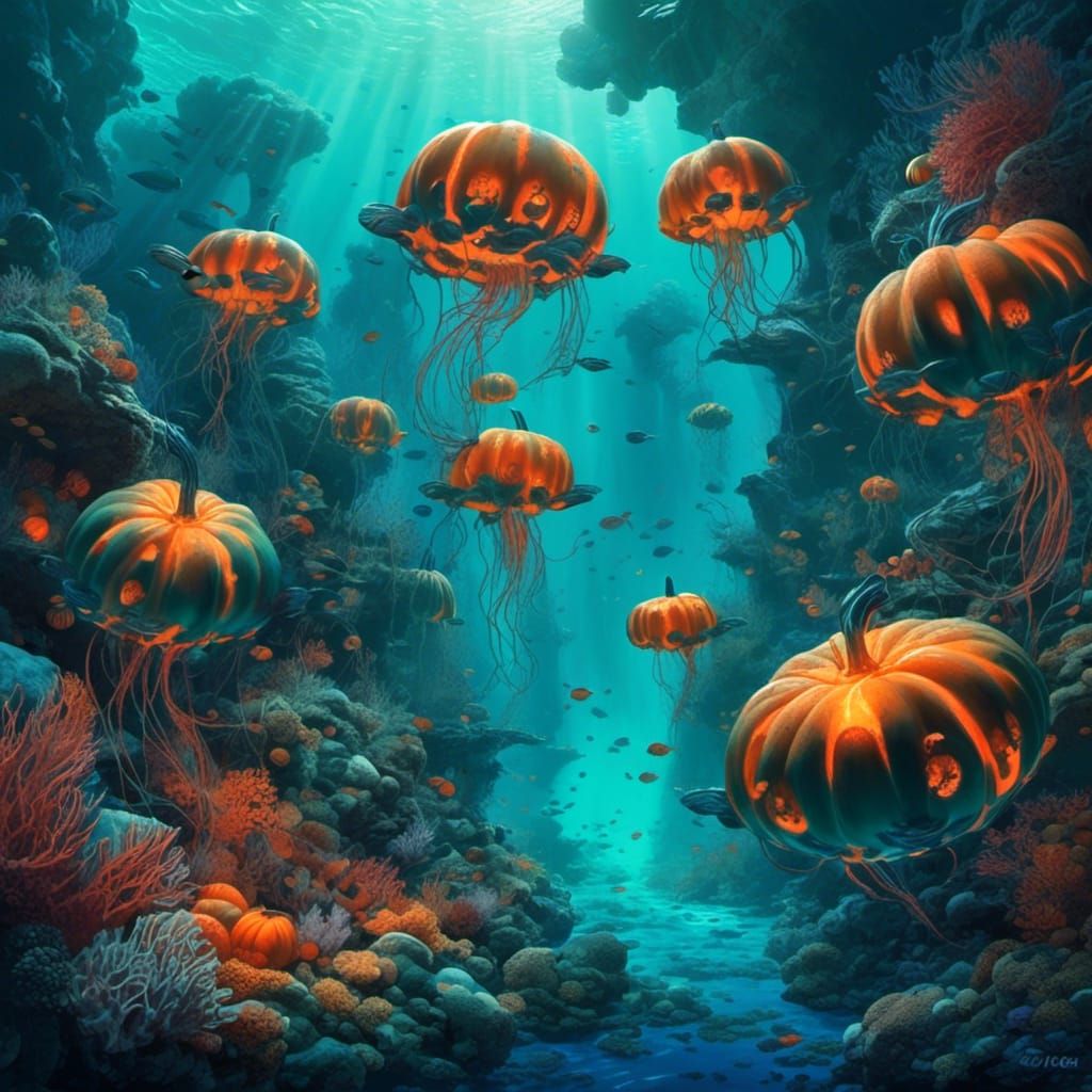Underwater Halloween Pumpkins Among Coral Reefs