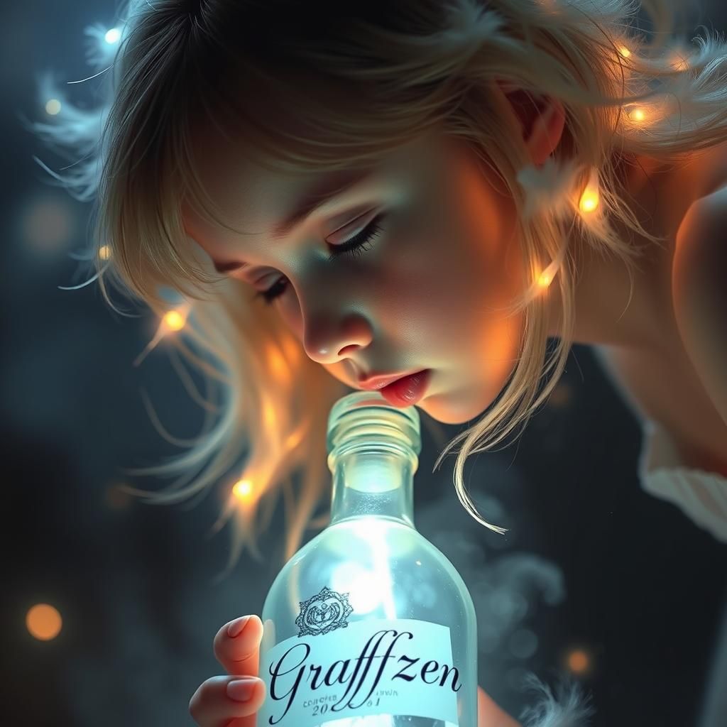 Ethereal Girl Drinks from Luminescent Bottle