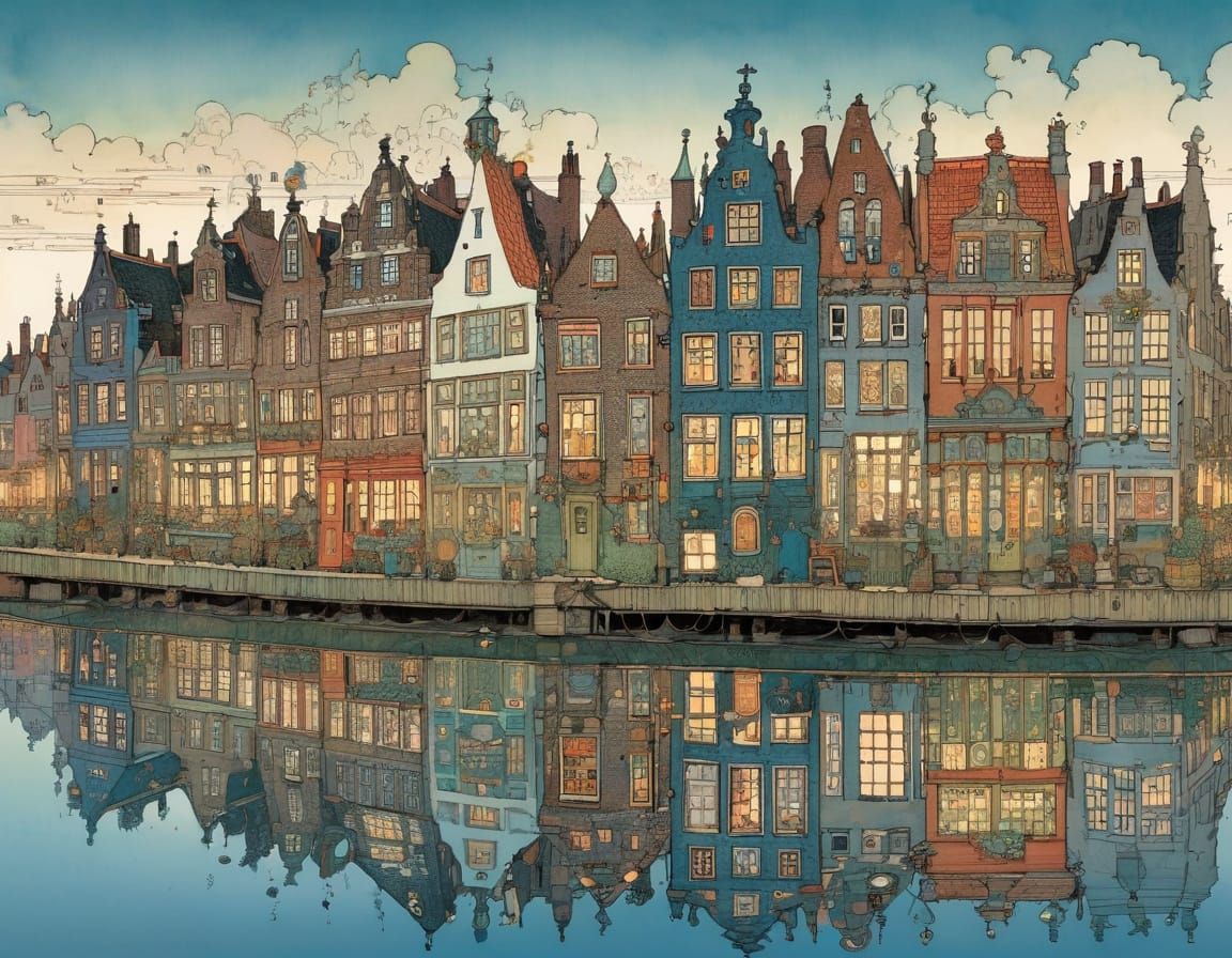 Charming Evening Dutch Village in Whimsical Style