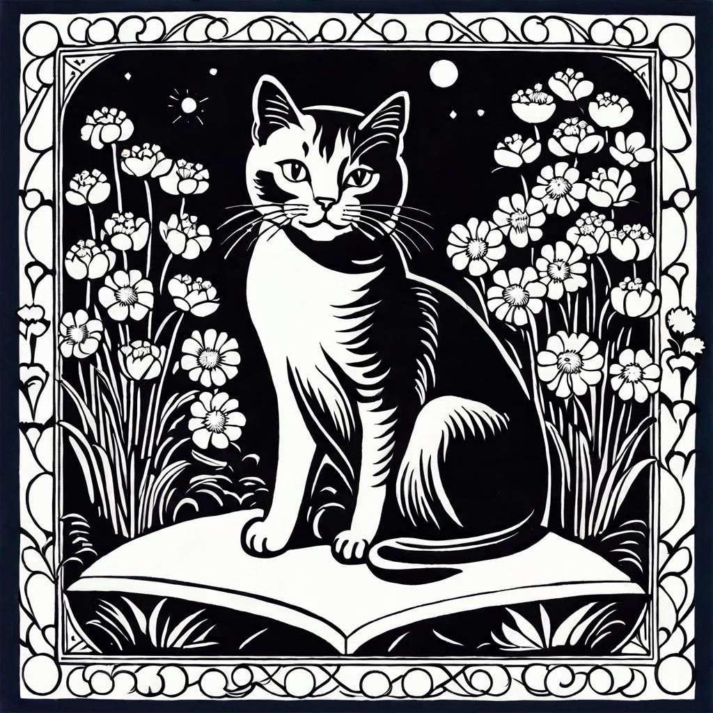 Cute Cat Surrounded by Flowers, in Woodcut Style
