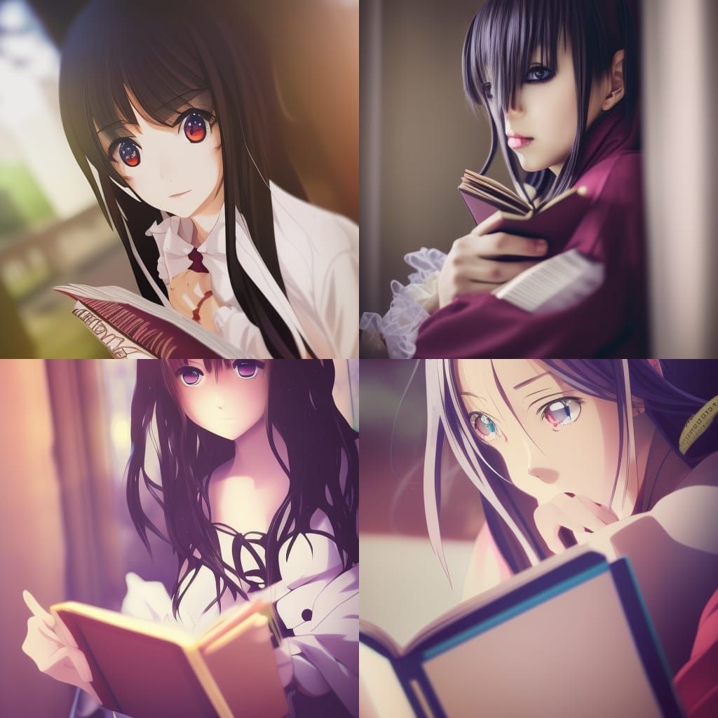 Anime Style Woman Reading Books with Bokeh