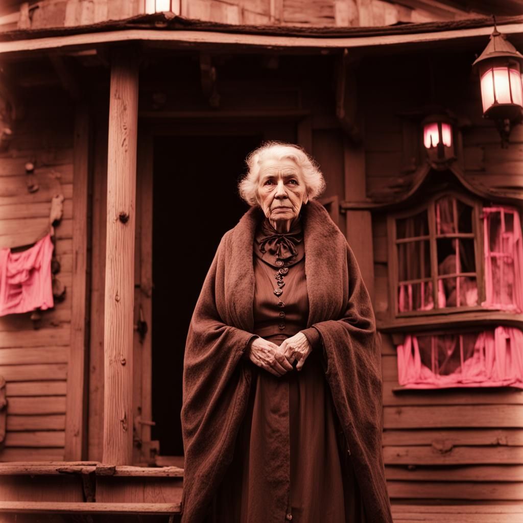 Sepia Photograph of an Elderly Witch in Pink Light