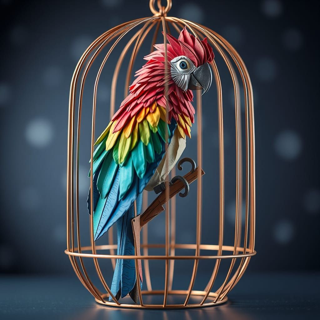 Origami Parrot in Geometric Wire Cage Masterpiece